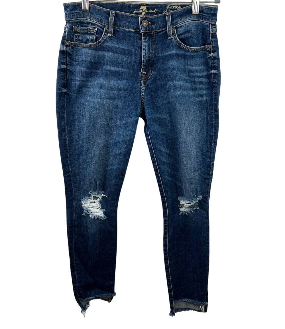 7 For All Mankind Blue Cotton Blend Mid-Rise Distressed Skinny Jeans Size 28